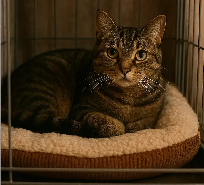 A cat in a cozy cage